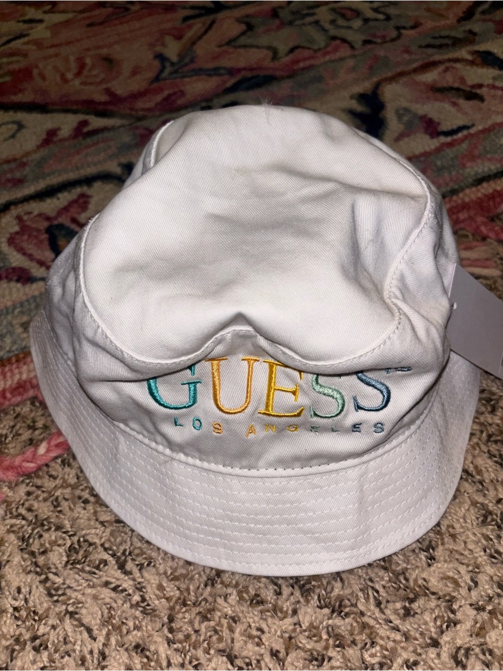 GUESS White Bucket Hat with Multicolor Embroidered Logo